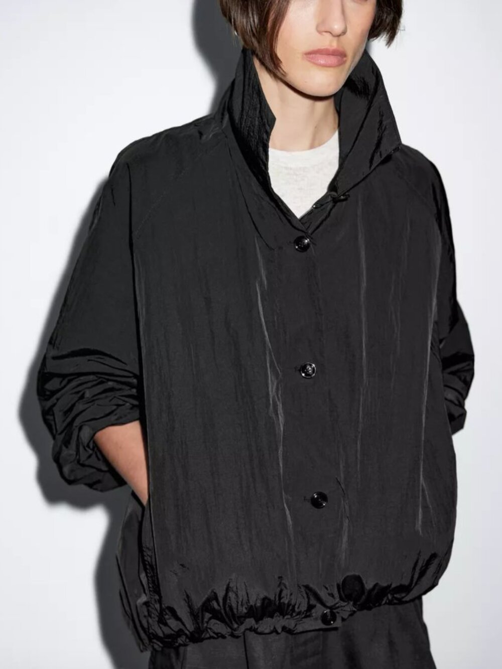 Massimo Dutti High Puff Neck Windbreaker Bomber Jacket Black M - Picture 1 of 8